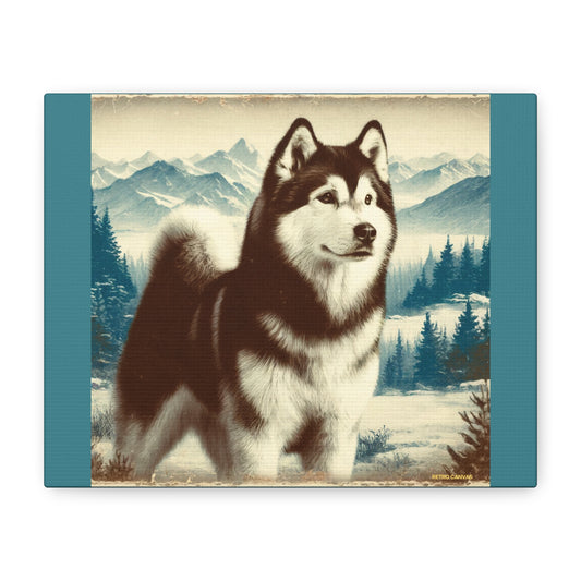Alaskan Husky Animal Wall Art - Winter Theme on Vintage Green Canvas