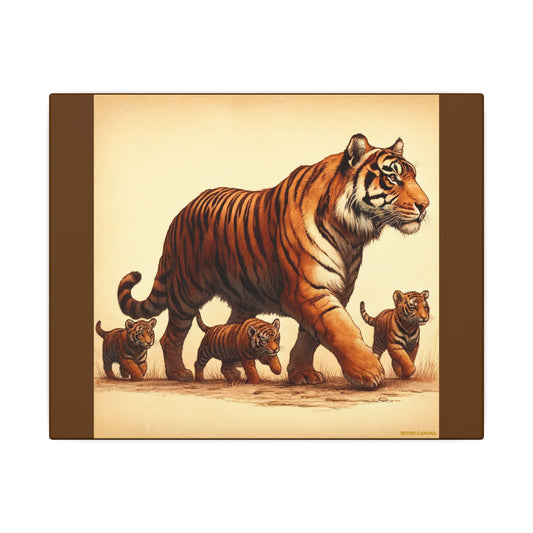 Tiger Family Animal Wall Art - Brown Canvas