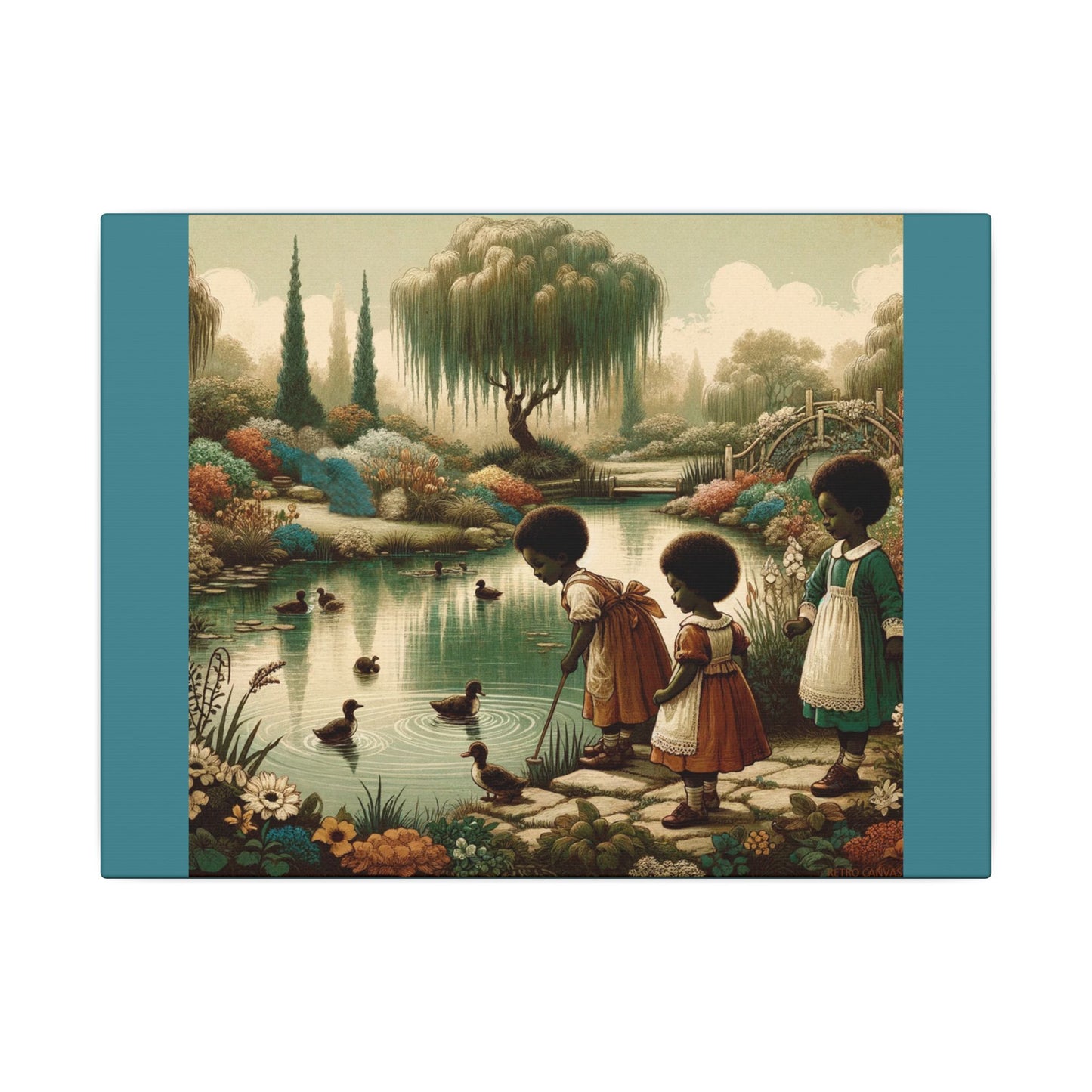 Enfants à l'étang - Toile tendue verte mate vintage
