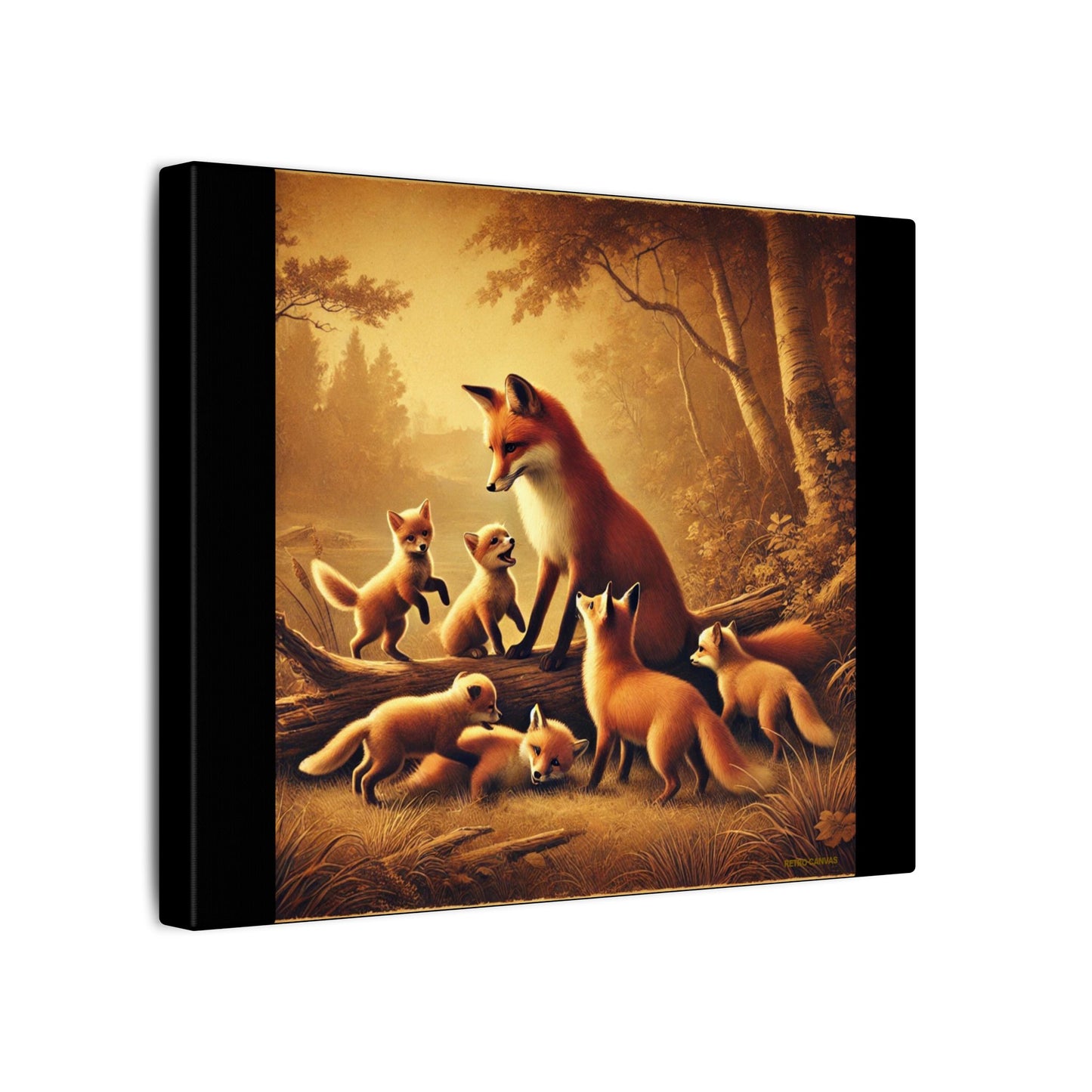 Vintage Styled Fox Family in Forest on Black Canvas