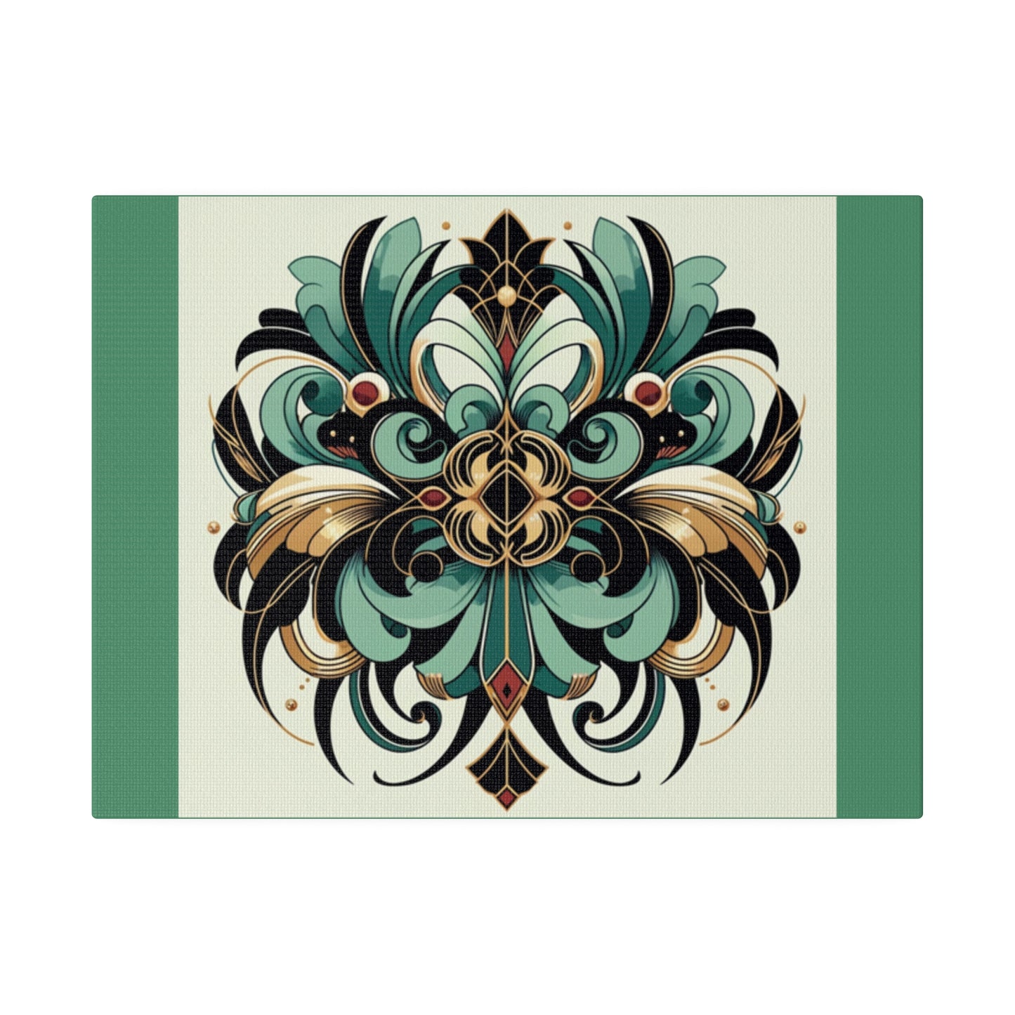 Green Black Gold Flower Art Deco Wall Art on Green Stretched Canvas