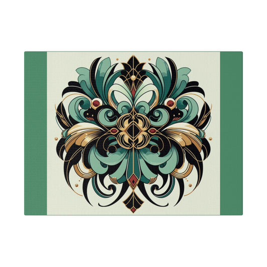 Art mural Art déco à fleurs vertes, noires et dorées sur toile tendue verte