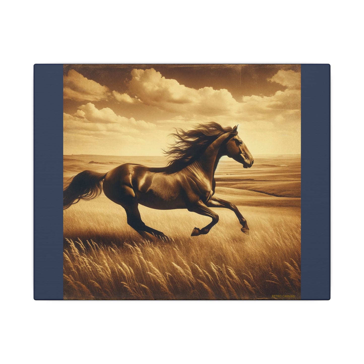 Running Horse Wall Art Horse Lovers Art |Vintage Blue Matte Stretched Canvas