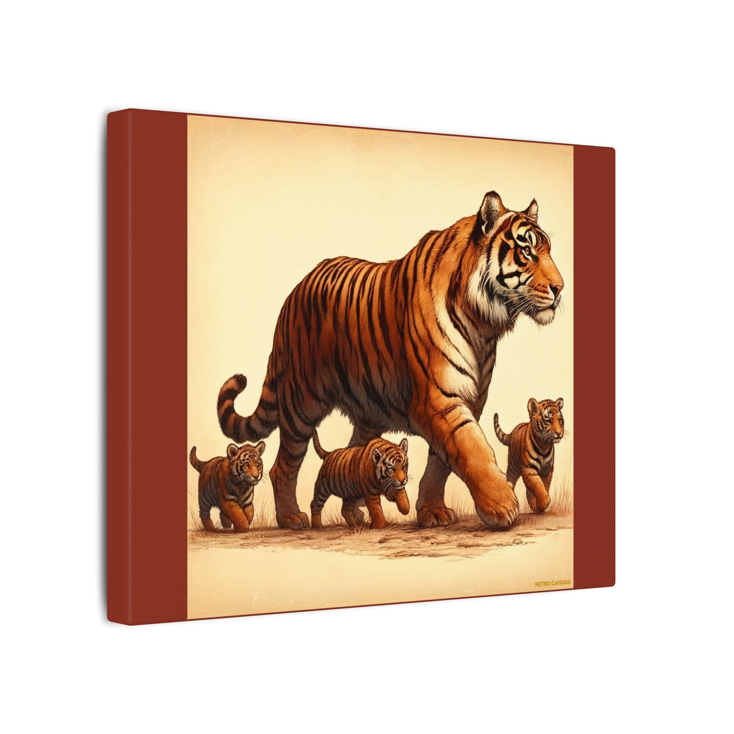 Décoration murale représentant une famille de tigres – Toile terre d'ombre brûlée