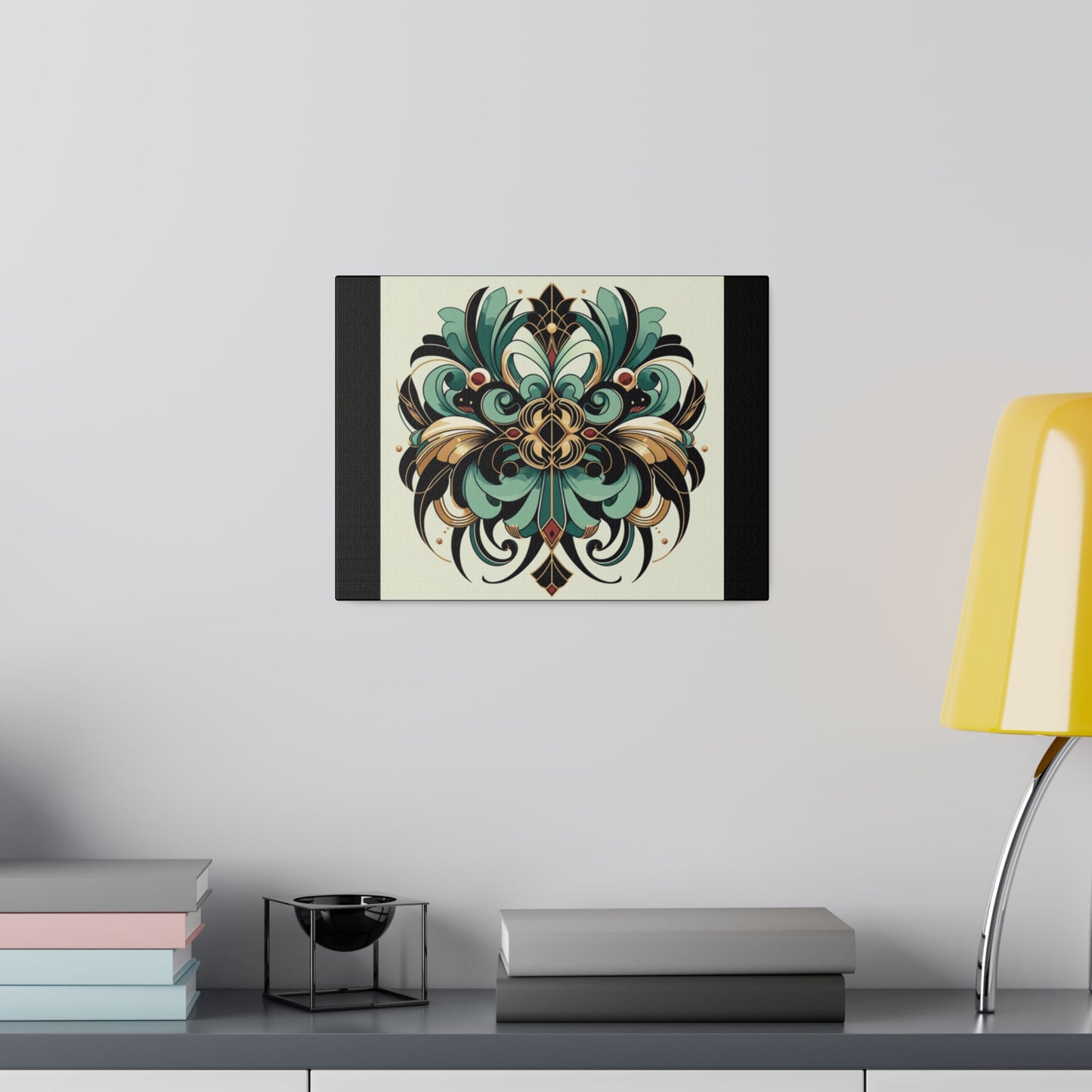 Green Black Gold Flower Art Deco Wall Art on Black Stretched Canvas