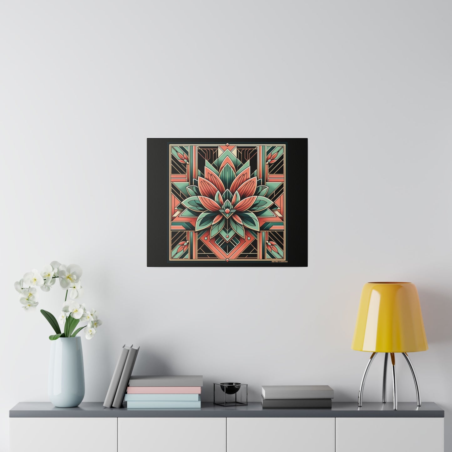 Lotus Art Deco Wall Art on Black Stretched Canvas