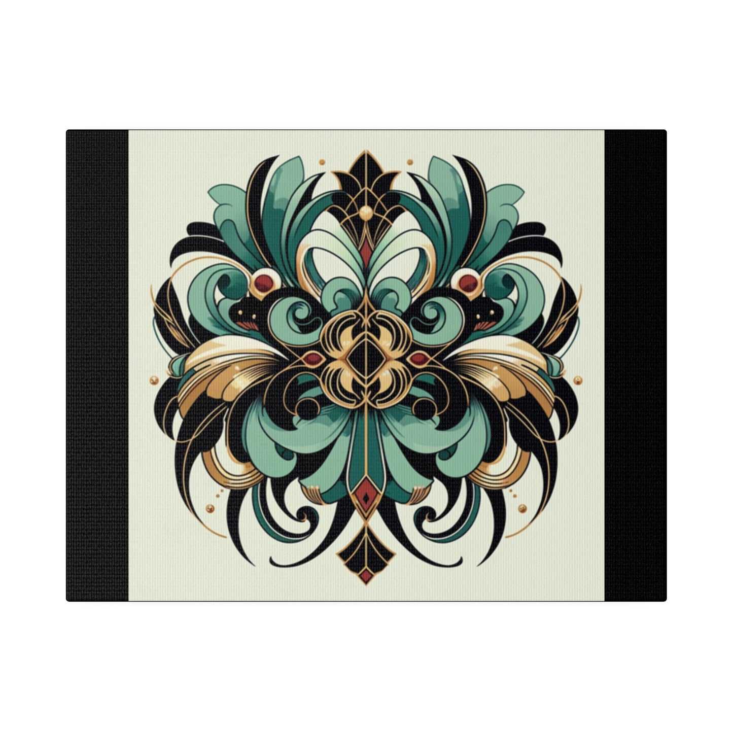 Green Black Gold Flower Art Deco Wall Art on Black Stretched Canvas