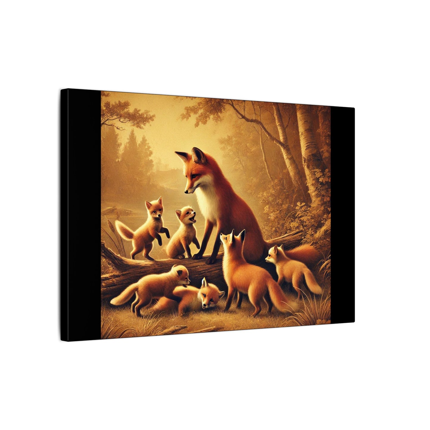 Vintage Styled Fox Family in Forest on Black Canvas