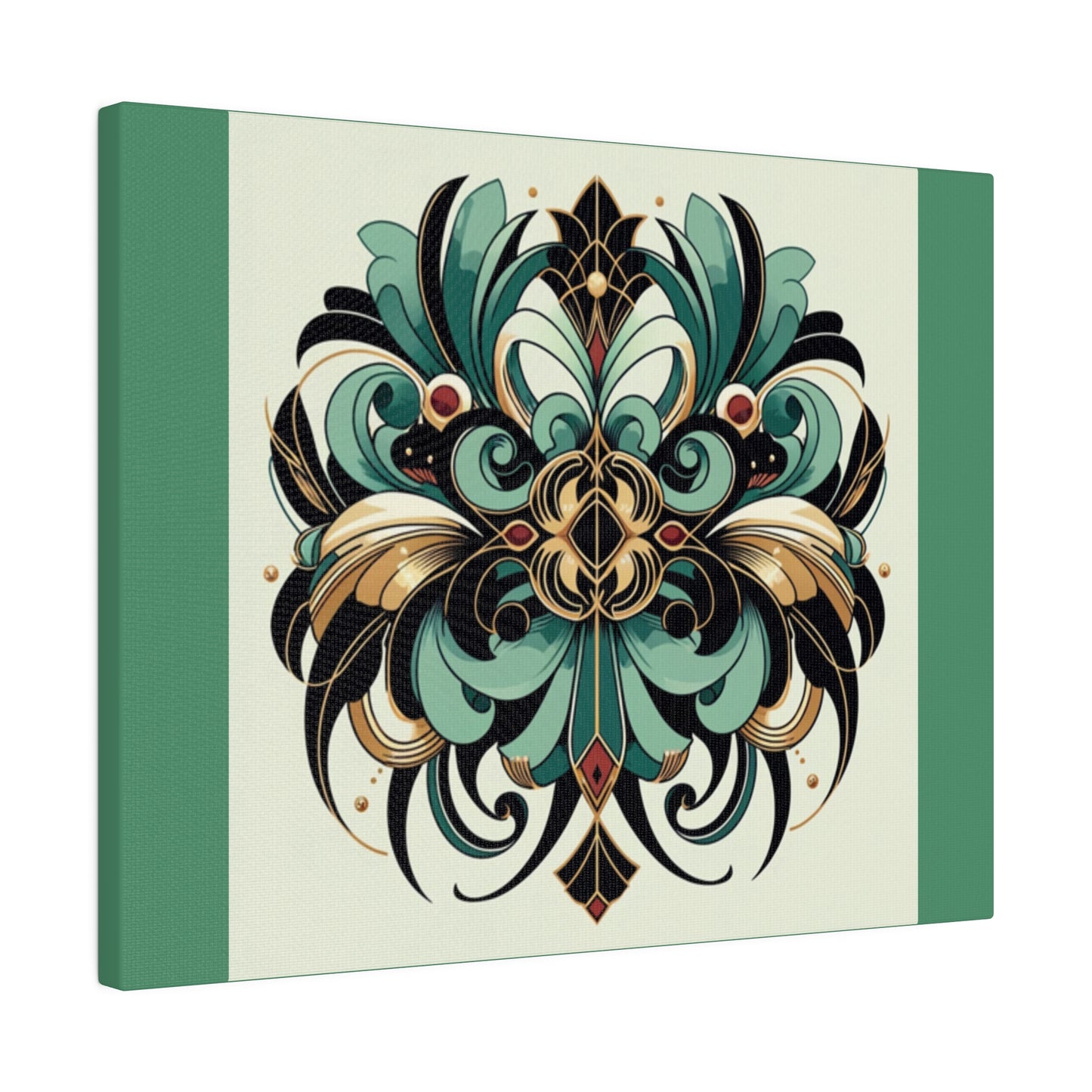 Green Black Gold Flower Art Deco Wall Art on Green Stretched Canvas