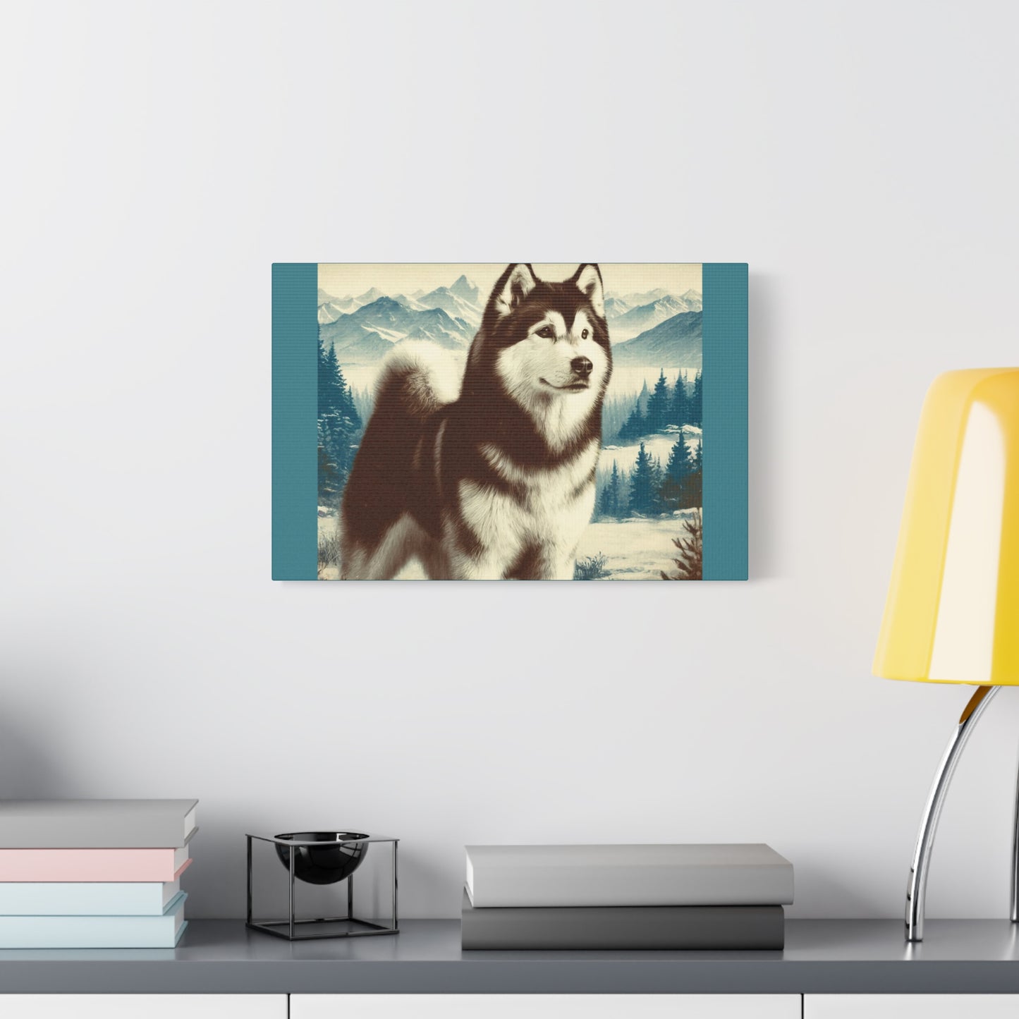 Alaskan Husky Animal Wall Art - Winter Theme on Vintage Green Canvas