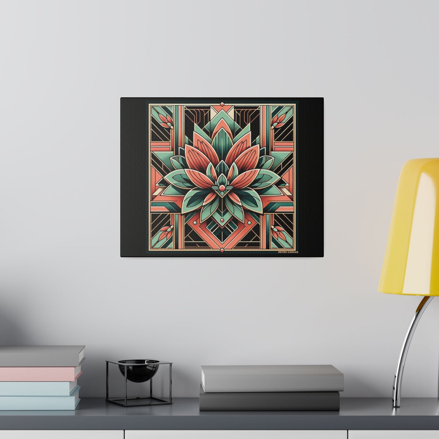 Lotus Art Deco Wall Art on Black Stretched Canvas