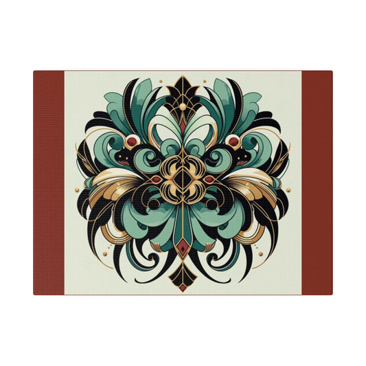 Art mural Art déco à fleurs vertes, noires et dorées sur toile tendue couleur terre d'ombre brûlée