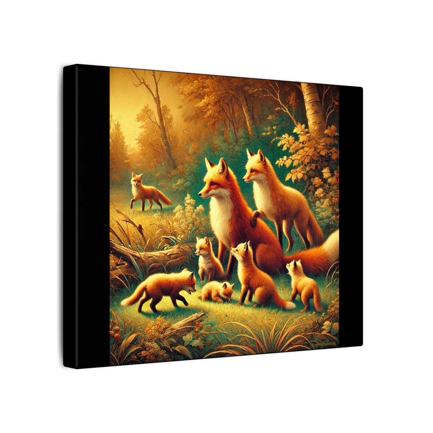 Fox Family in Fall Colored Forest on Black Canvas