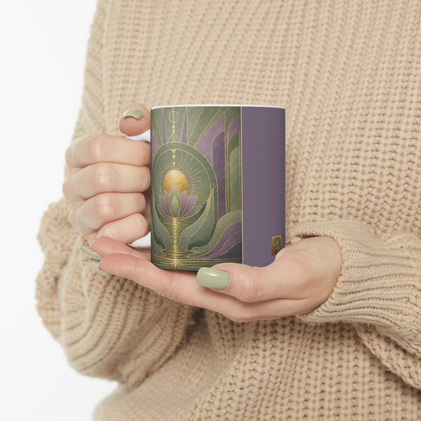 Art Nouveau Lotus Ceramic Mug — Lavender Green Geometric Floral Design (11oz)