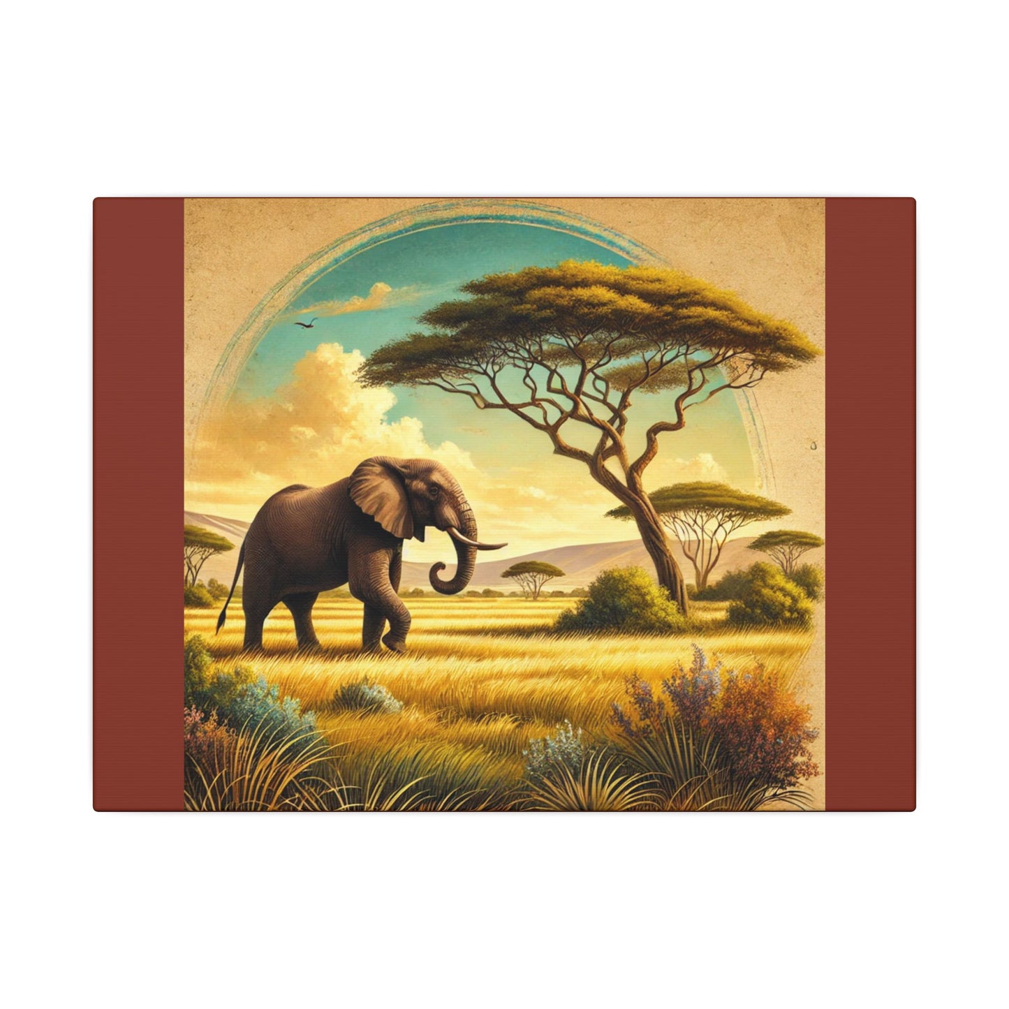 Elephant in Vibrant Colored Savanna on Burnt Umber Canvas