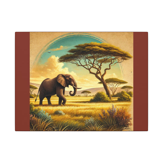 Elephant in Vibrant Colored Savanna on Burnt Umber Canvas