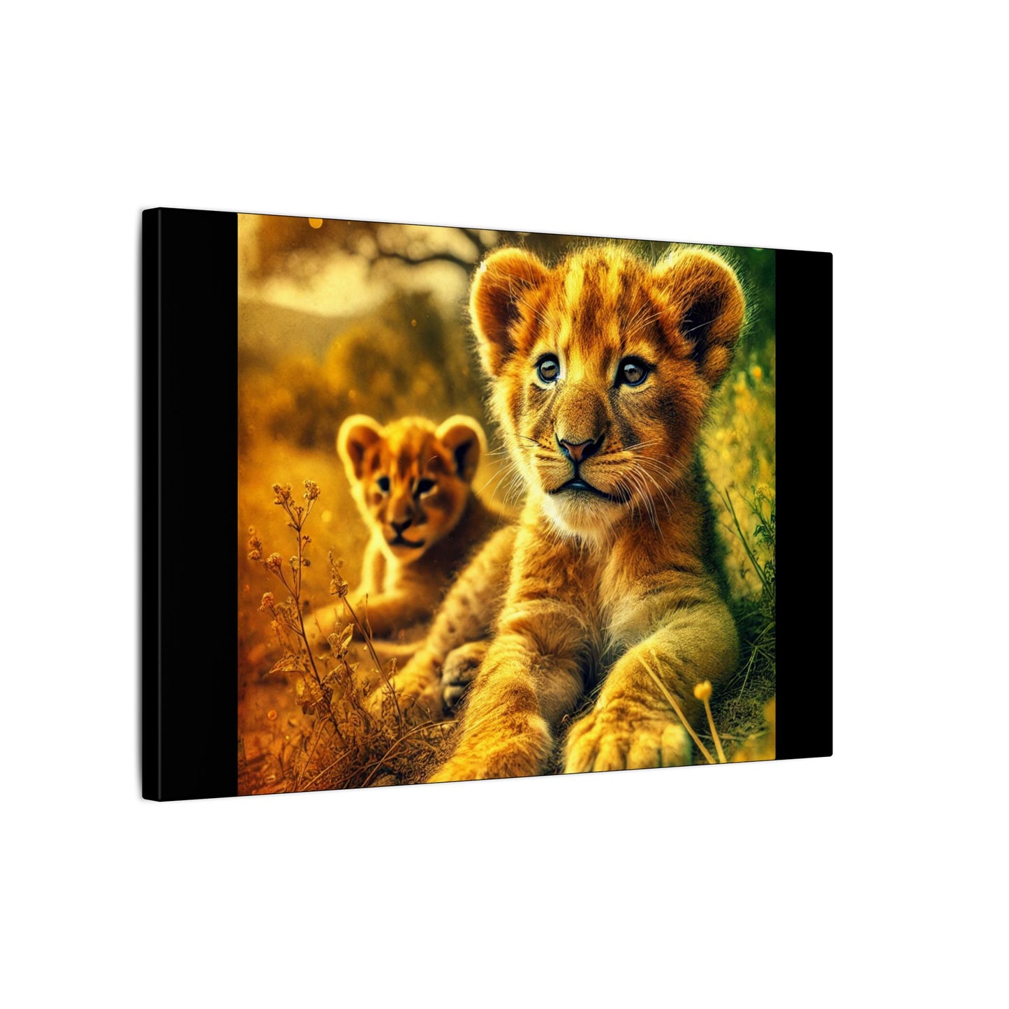Lion Cubs Black Canvas Print| Resting Under Savanna Tree | Wildlife Wall Art | Safari Nature Animal Canvas| Nursery or Rustic Decor