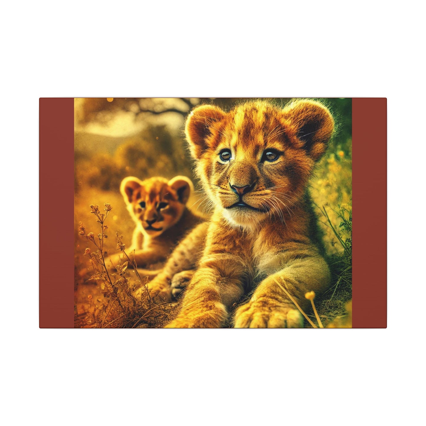 Lion Cubs Burnt Umber Canvas Print| Resting Under Savanna Tree | Wildlife Wall Art | Safari Nature Animal Canvas| Nursery or Rustic Decor