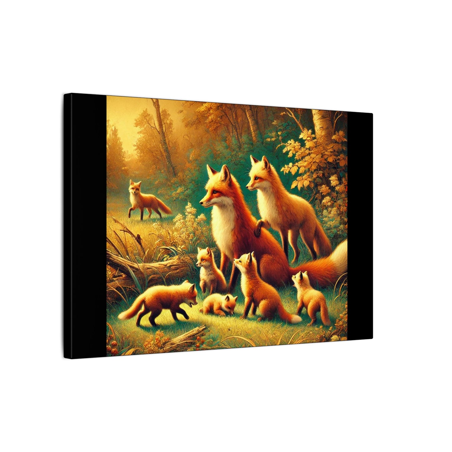 Fox Family in Fall Colored Forest on Black Canvas