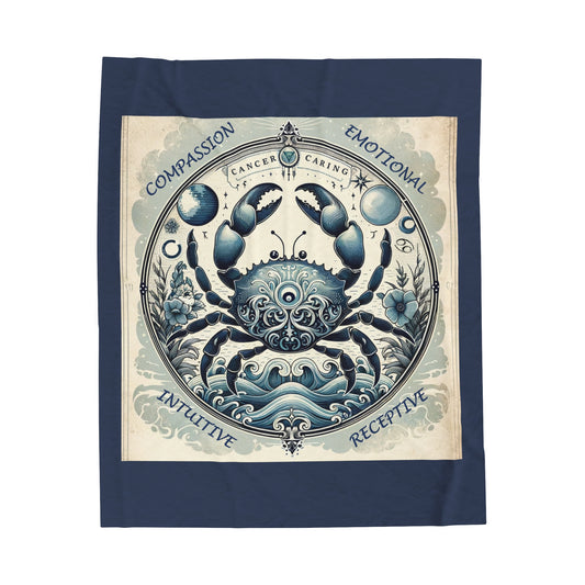 Couverture en peluche en velours bleu vintage avec signe astrologique du Cancer