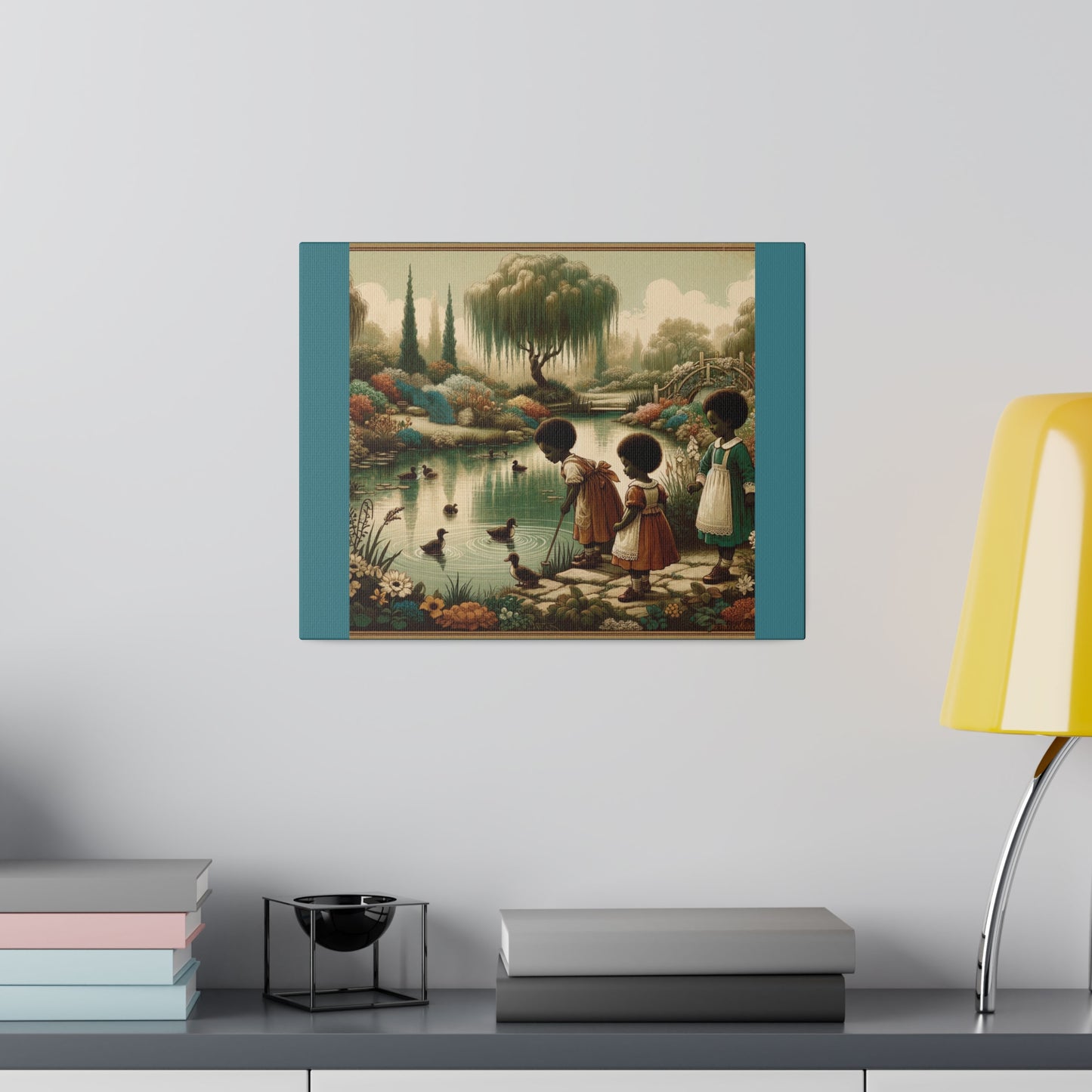 Children at the Pond - Vintage Green Matte Stretched Canvas