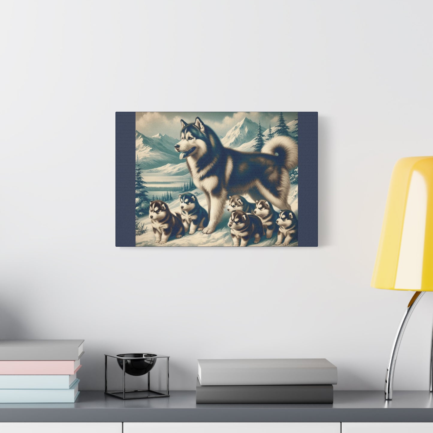 Alaskan Husky Family Animal Wall Art -Vintage Blue Canvas