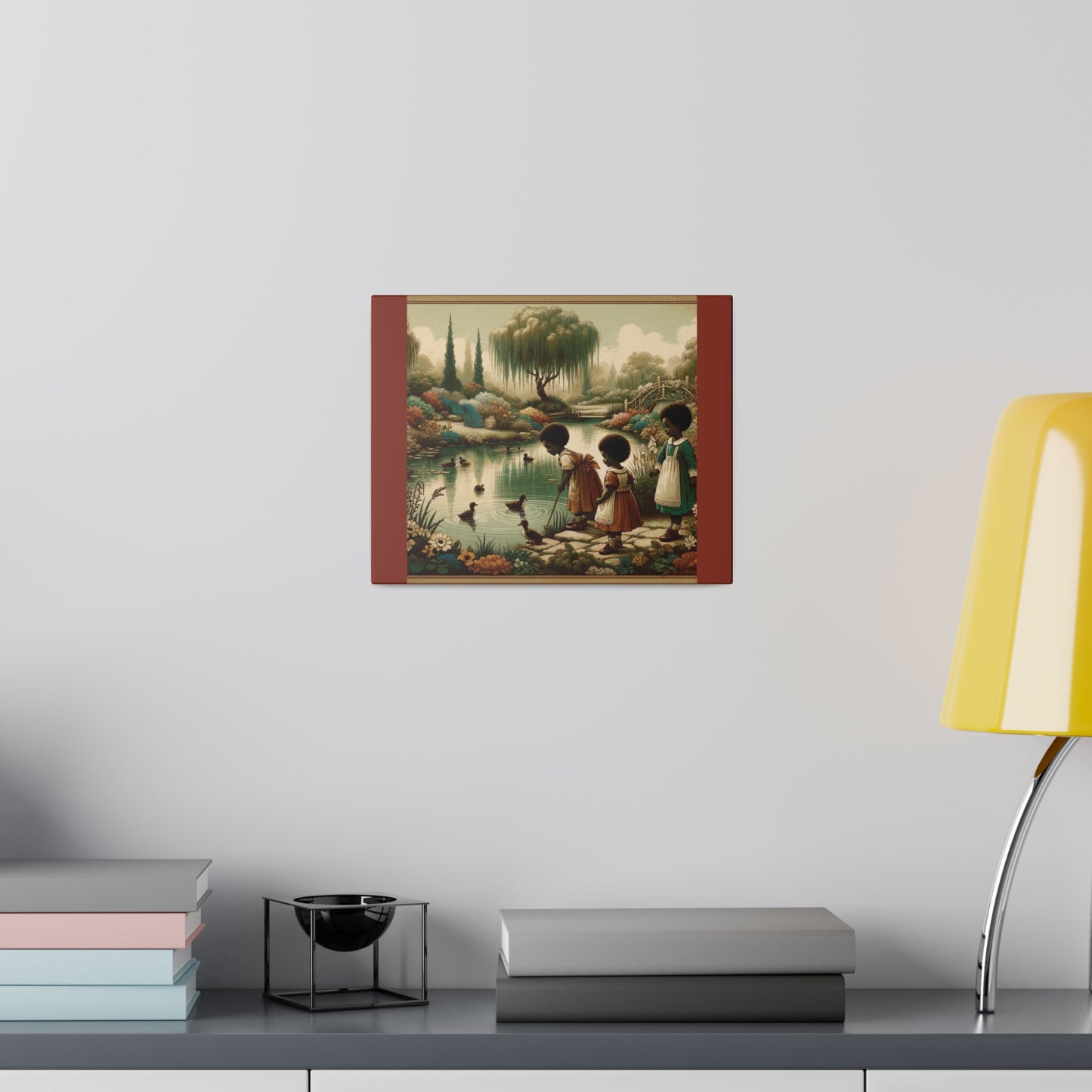 Children at the Pond - Burnt Umber Matte Stretched Canvas