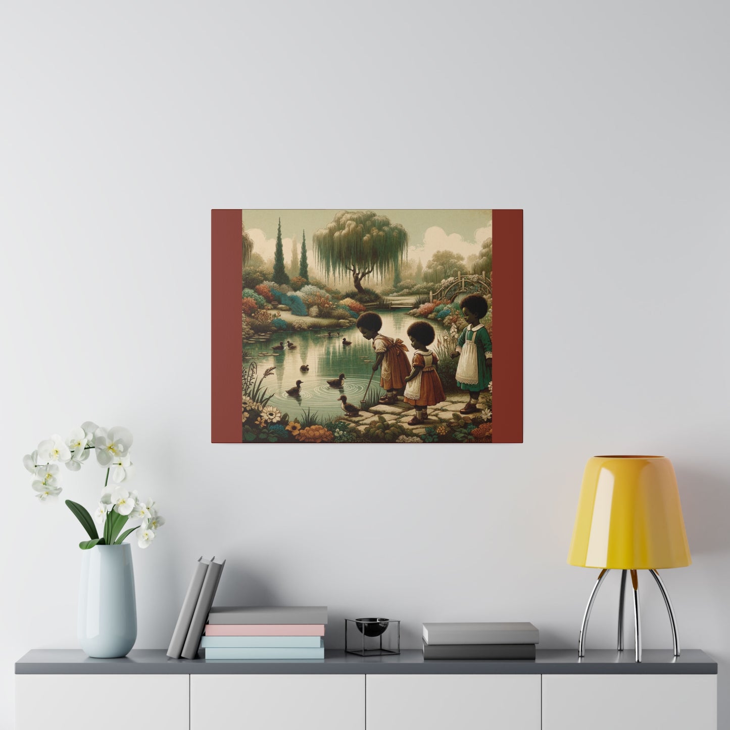 Children at the Pond - Burnt Umber Matte Stretched Canvas