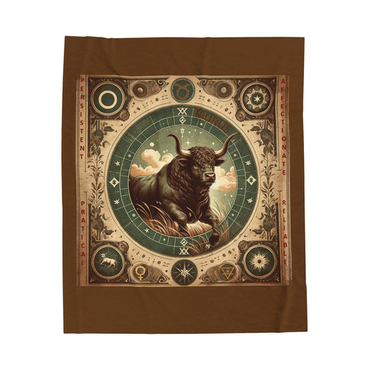 Vintage Taurus Zodiac - Brown Velveteen Plush Blanket