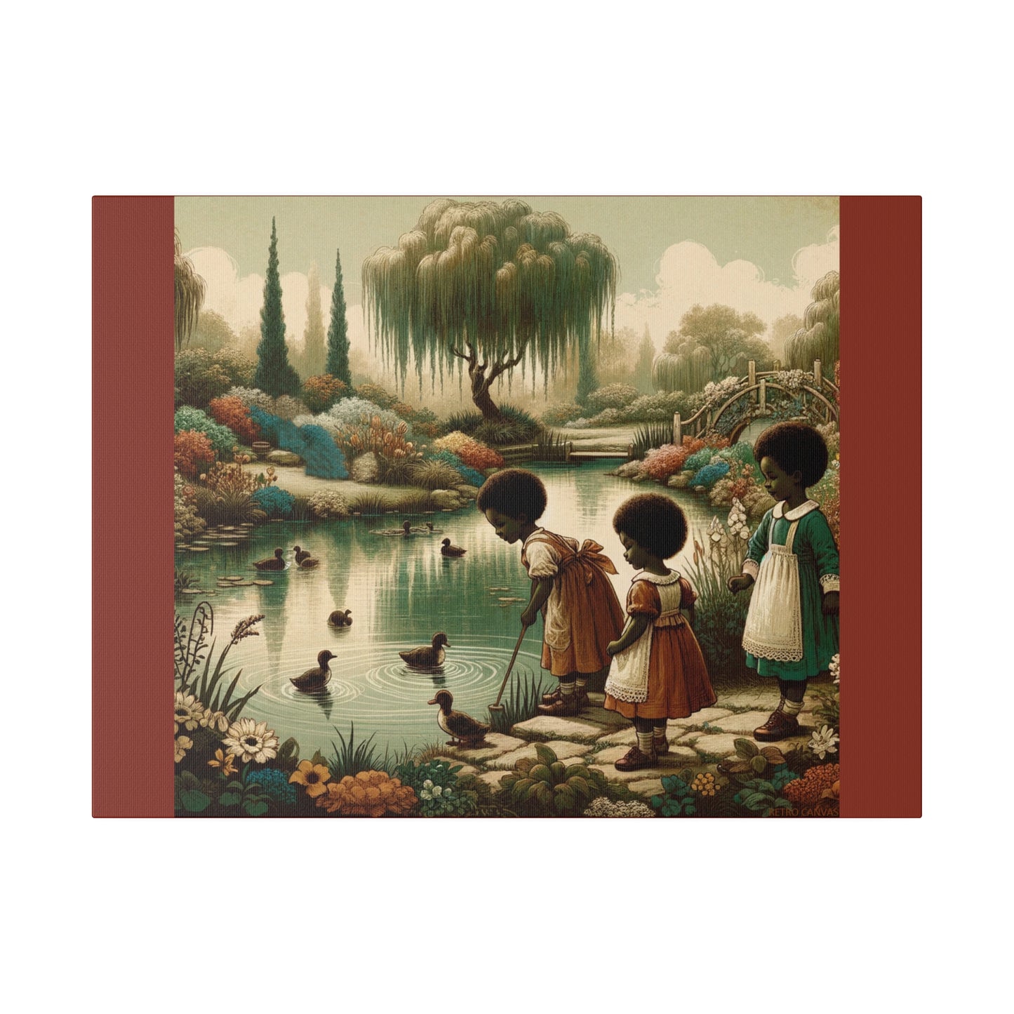 Children at the Pond - Burnt Umber Matte Stretched Canvas