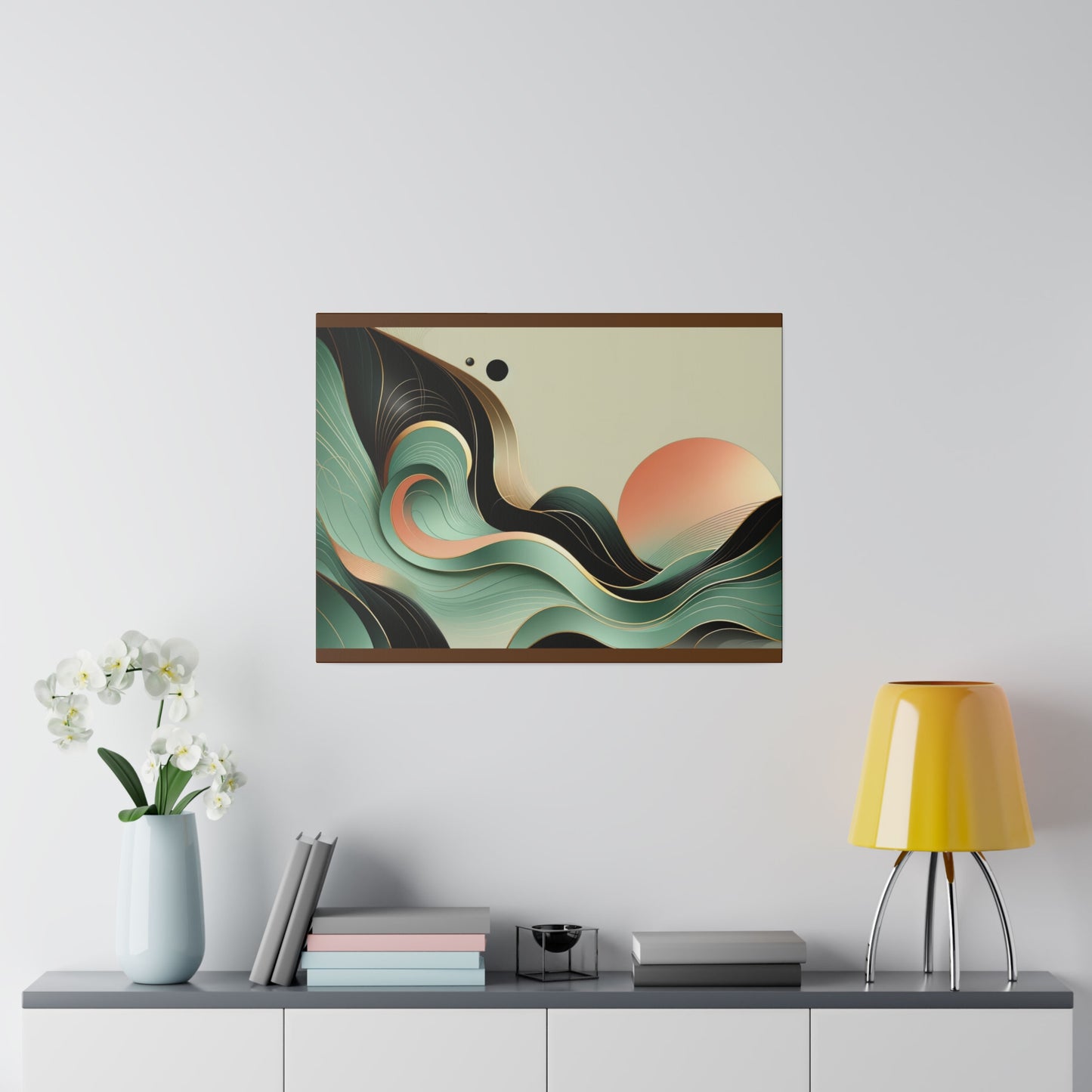 Sunrise Abstract Wall Art for Office Art for Living Room Green Black Gold Art on Brown Canvas