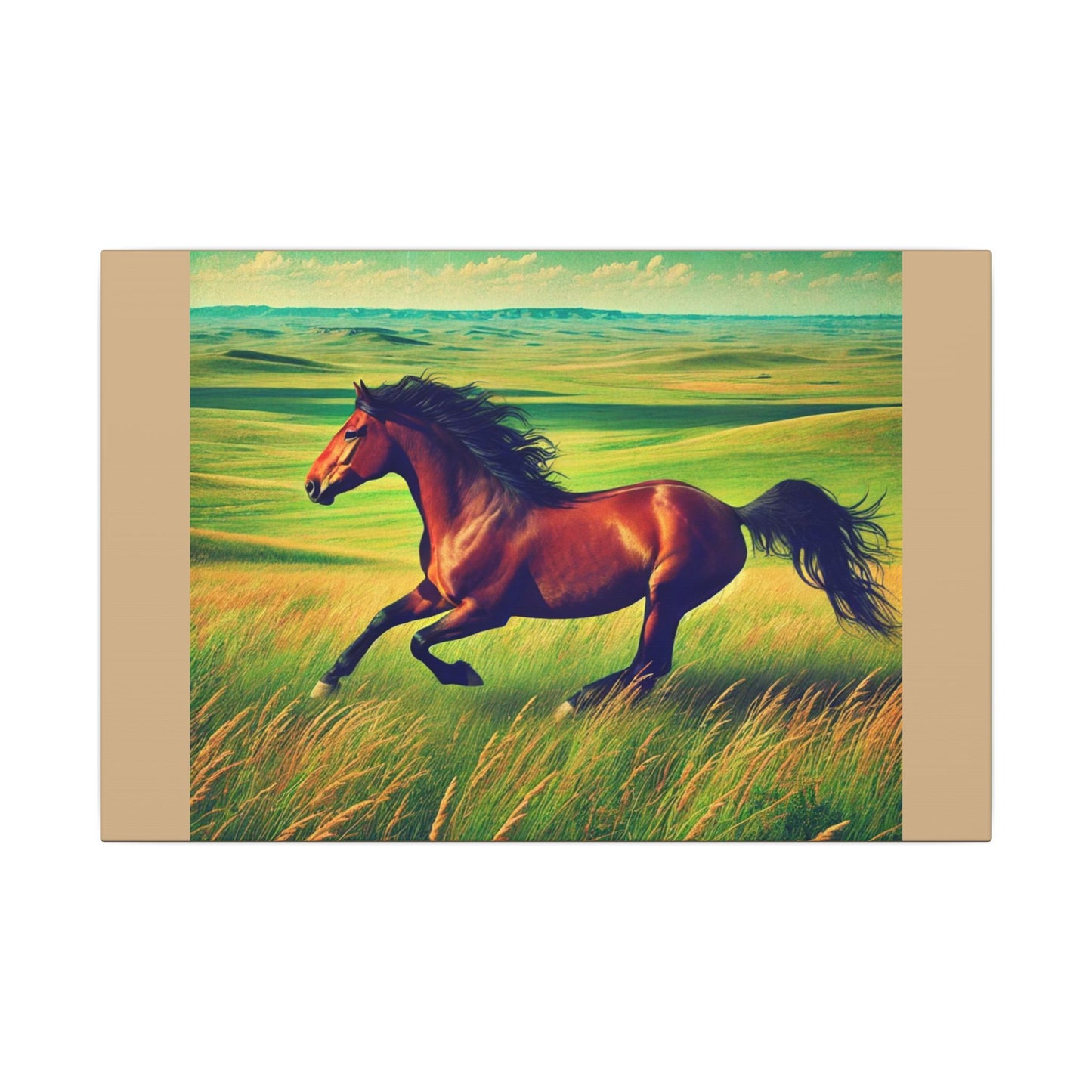 Canvas Gallery Wraps - Running Horse in Open Prairie Tan Canvas