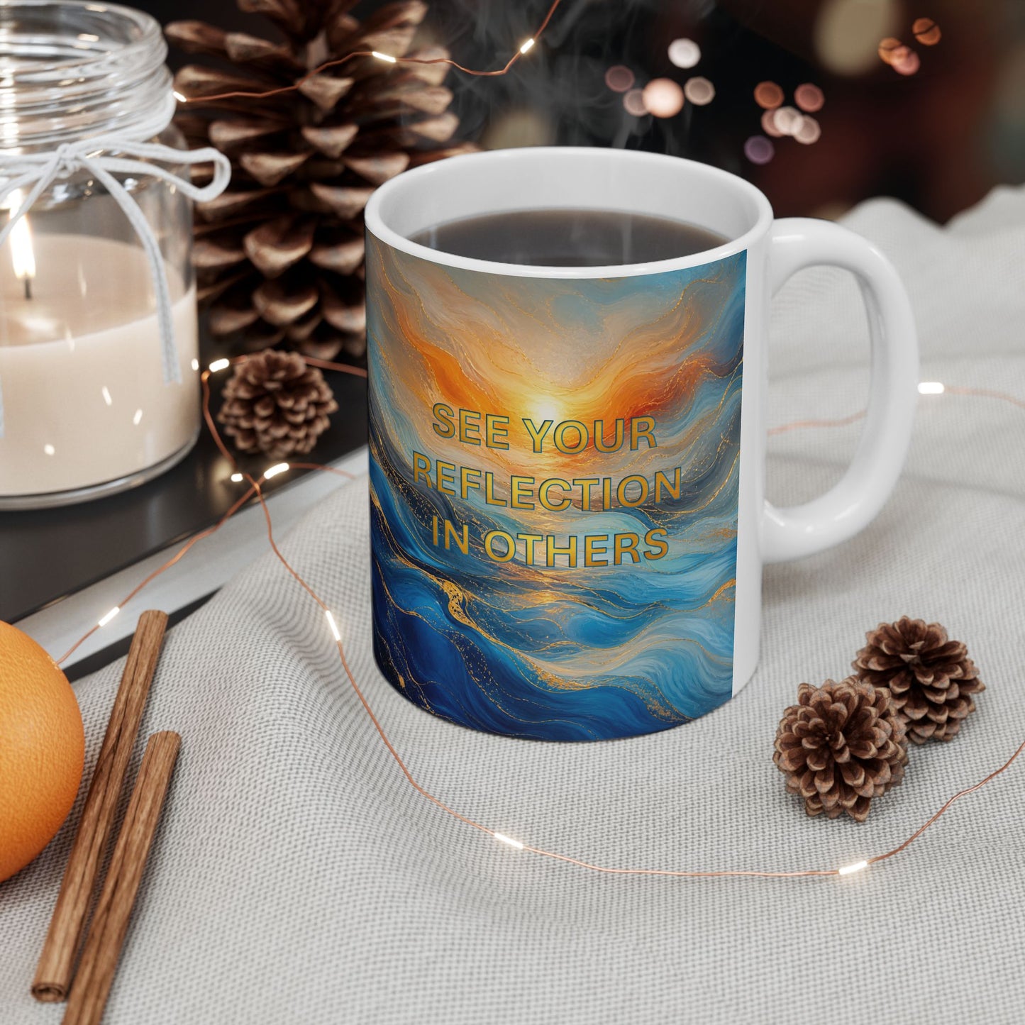 Abstract Ocean Swirls and Reflection Silhouette Mug — Blue & Gold flow Art