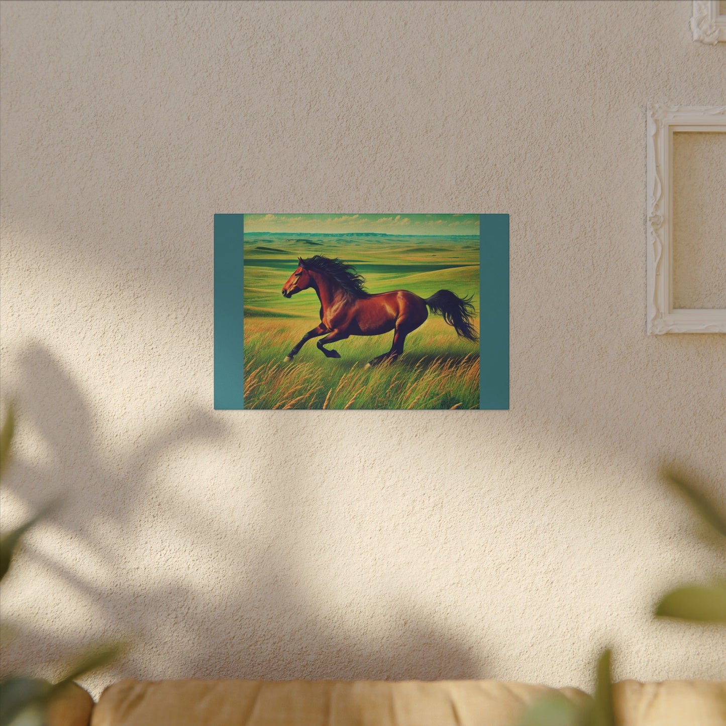 Vintage Green Canvas Gallery Wraps - Running Horse in Open Prairie