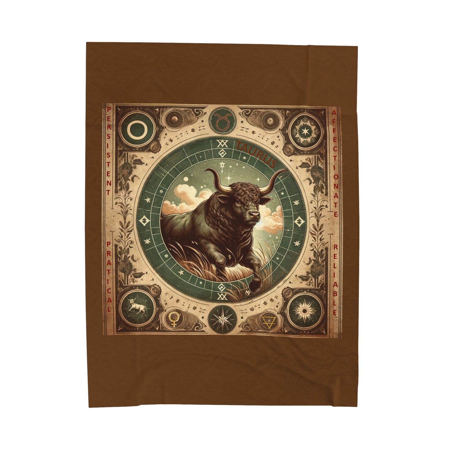 Vintage Taurus Zodiac - Brown Velveteen Plush Blanket