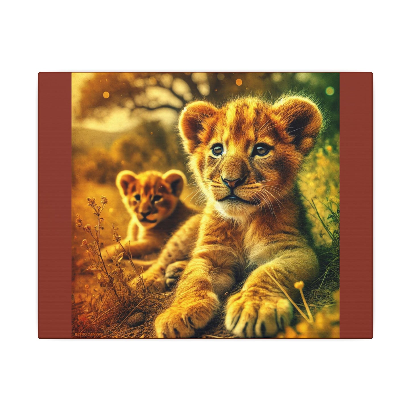 Lion Cubs Burnt Umber Canvas Print| Resting Under Savanna Tree | Wildlife Wall Art | Safari Nature Animal Canvas| Nursery or Rustic Decor