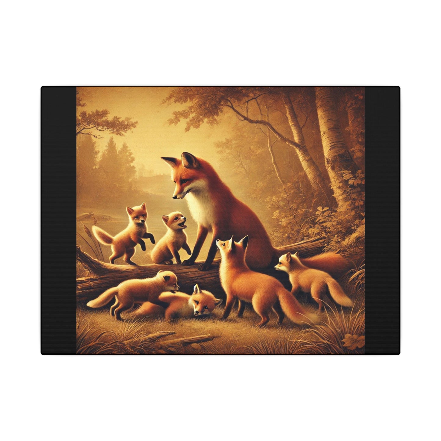 Vintage Styled Fox Family in Forest on Black Canvas