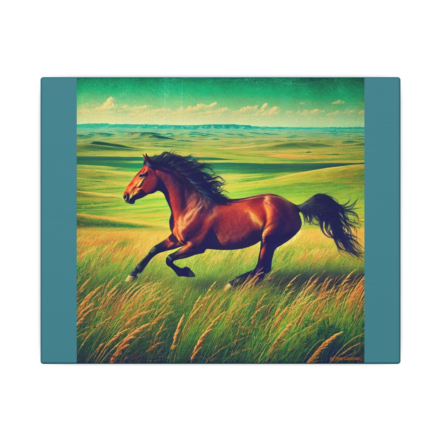 Vintage Green Canvas Gallery Wraps - Running Horse in Open Prairie