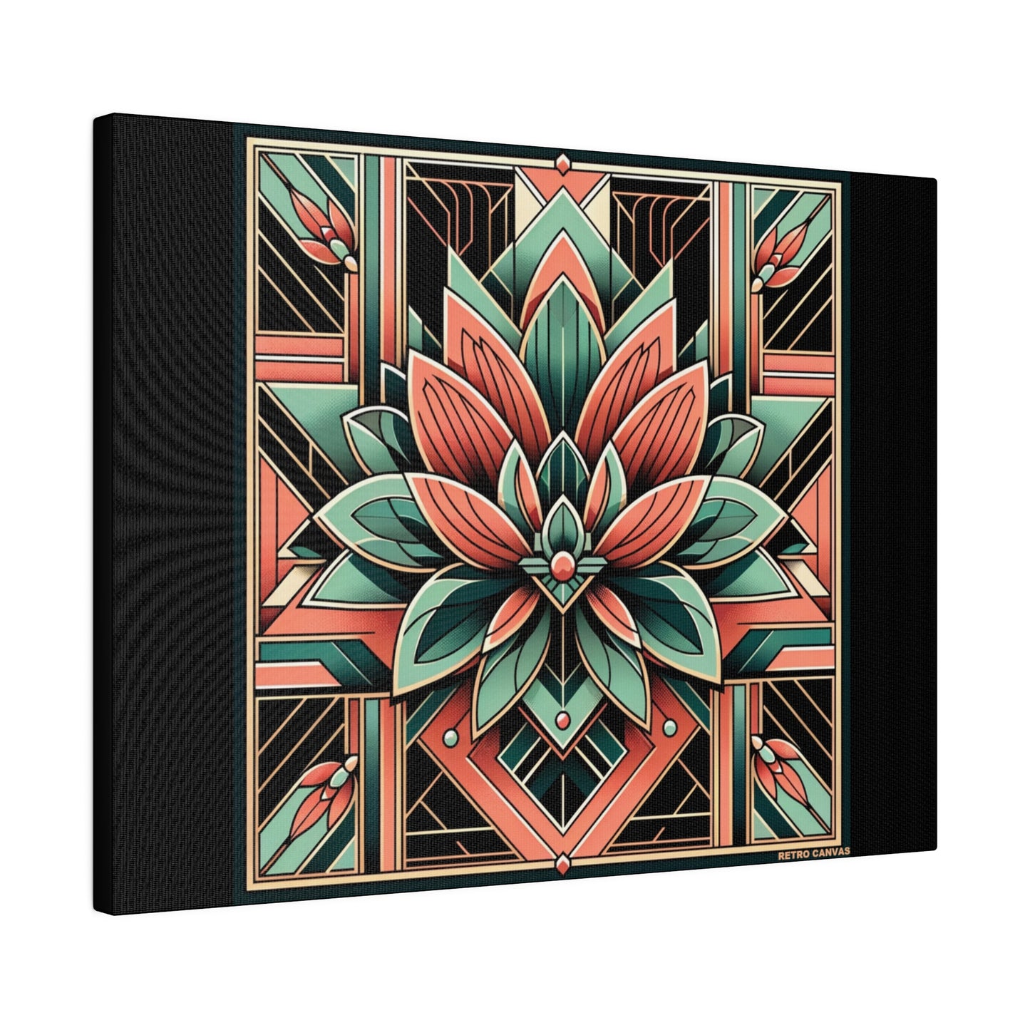 Lotus Art Deco Wall Art on Black Stretched Canvas