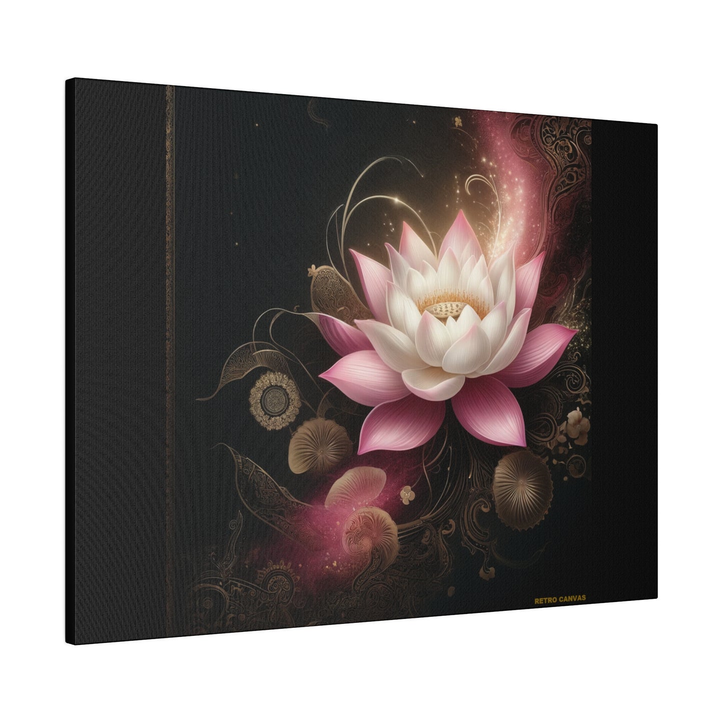 Ethereal Lotus Wall Art on Black Stretched Canvas