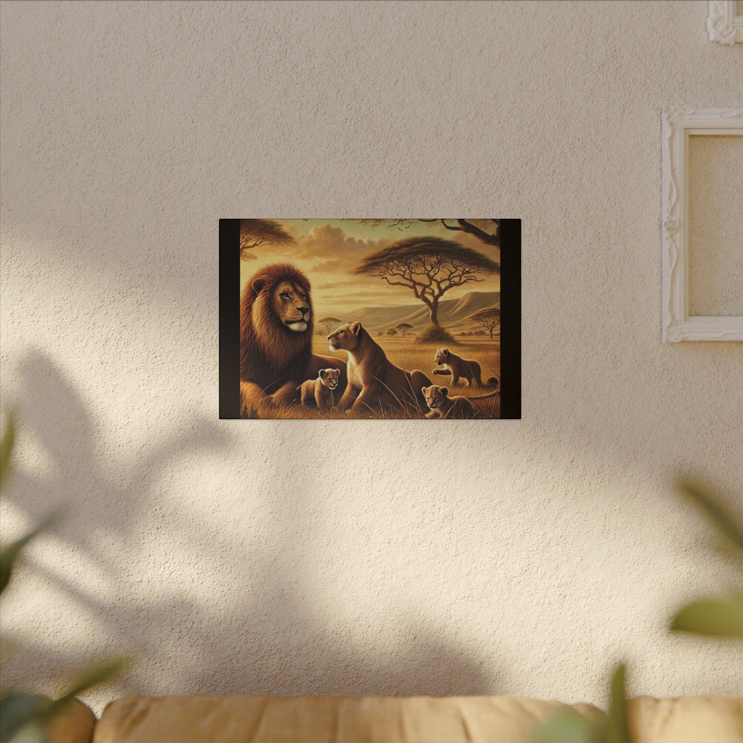 Majestic Lion Family- Black Canvas, Animal Wall Art, Nursery Idea