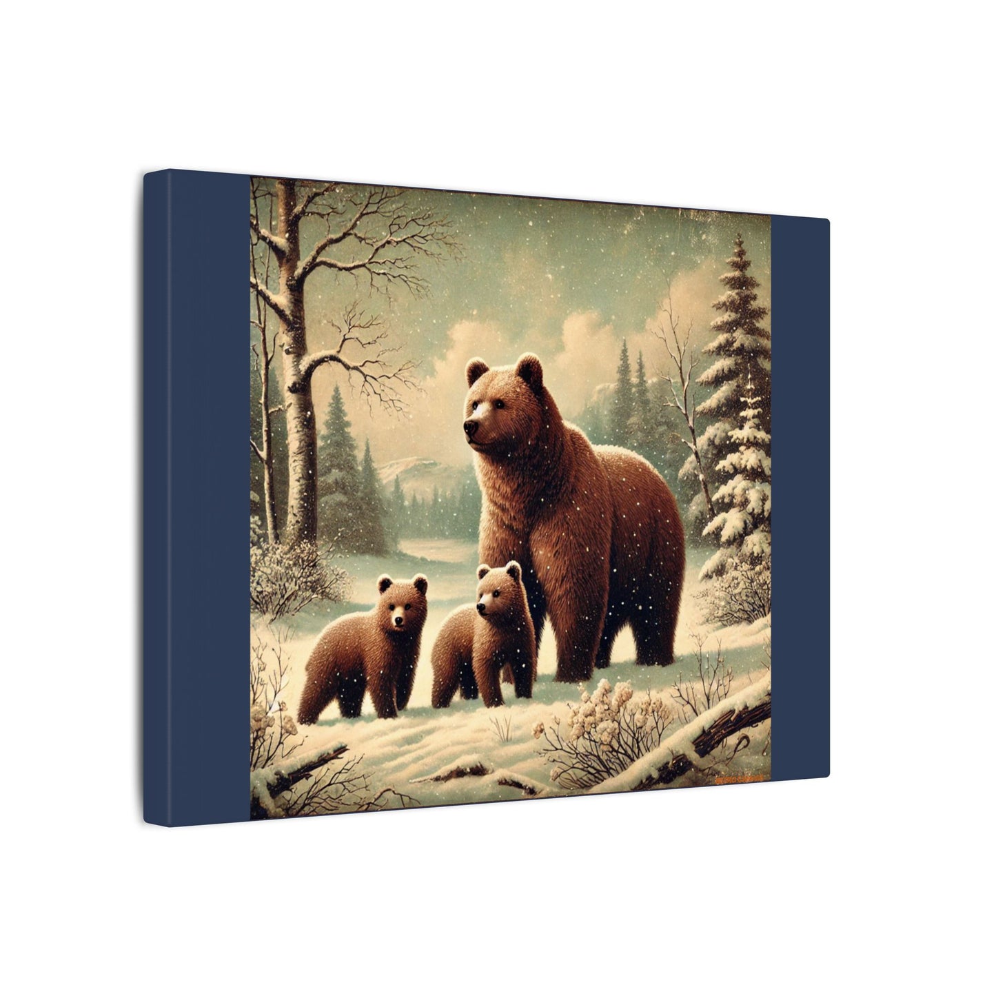 Winter Brown Bear Family- Vintage Blue Canvas, Animal Wall Art, Nursery Idea-Winter Scene