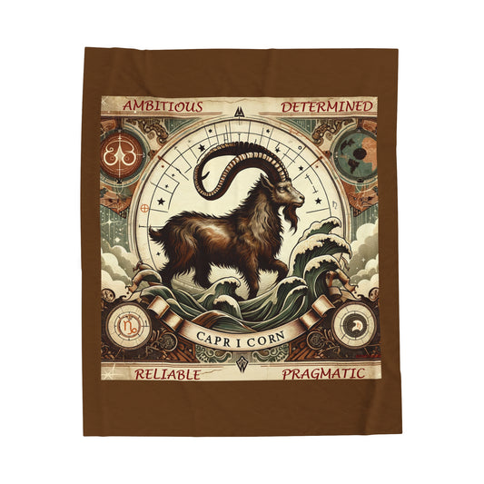 Vintage Capricorn Zodiac - Brown Velveteen Plush Blanket