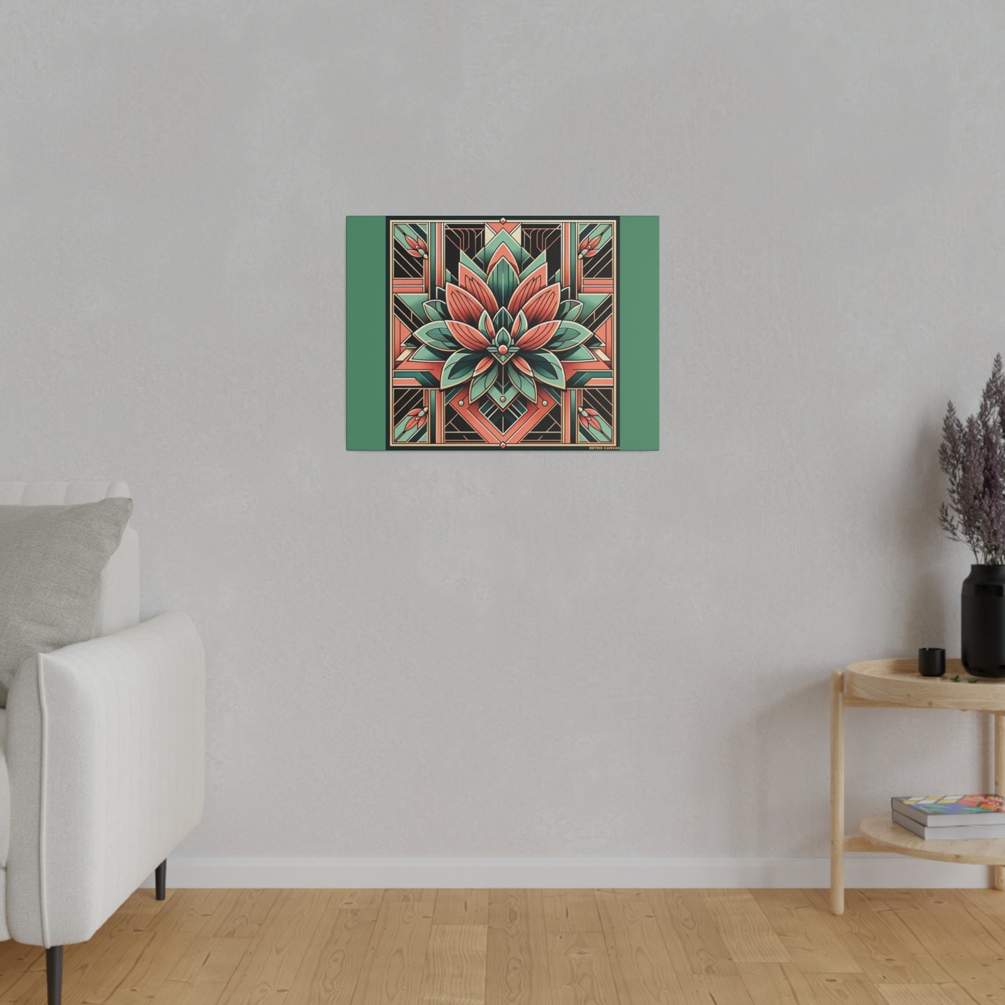 Lotus Art Deco Wall Art on Green Stretched Canvas