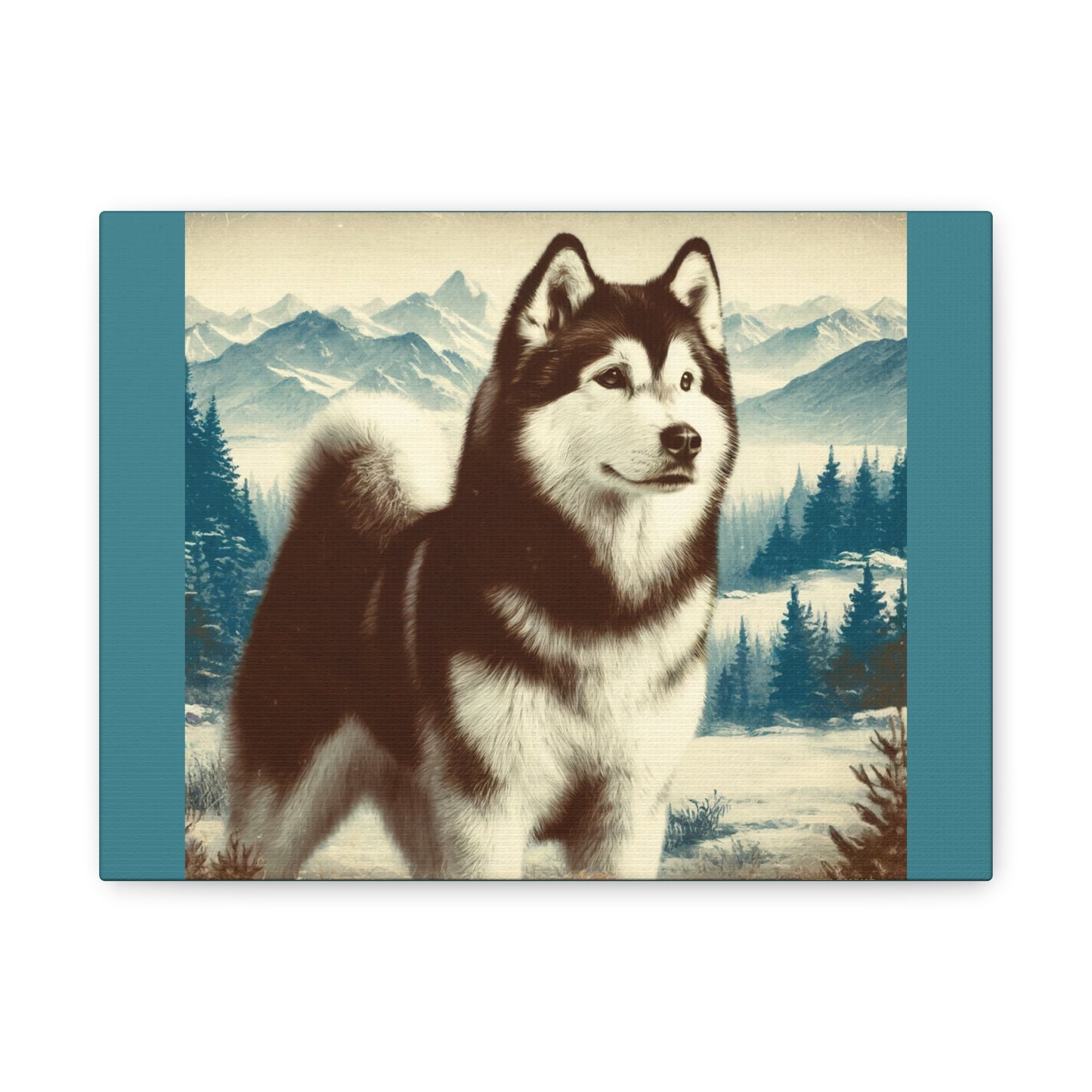 Alaskan Husky Animal Wall Art - Winter Theme on Vintage Green Canvas