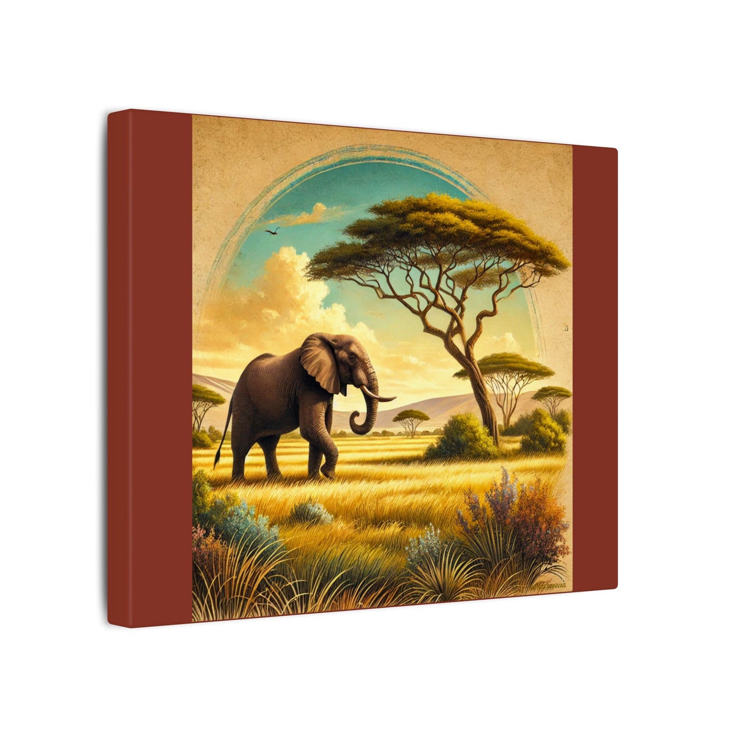 Elephant in Vibrant Colored Savanna on Burnt Umber Canvas