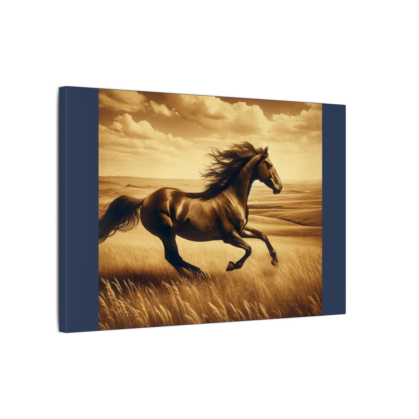 Running Horse Wall Art Horse Lovers Art |Vintage Blue Matte Stretched Canvas