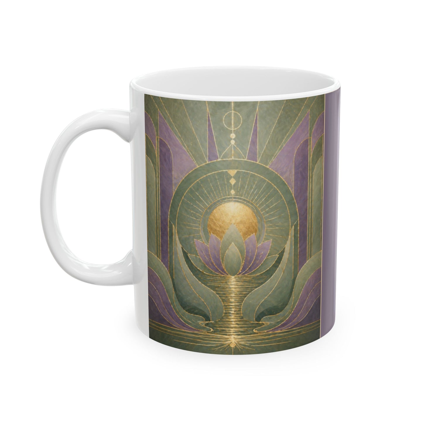 Art Nouveau Lotus Ceramic Mug — Lavender Green Geometric Floral Design (11oz)