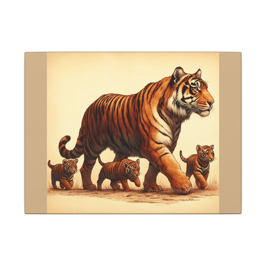 Tiger Family Animal Wall Art - Tan Canvas