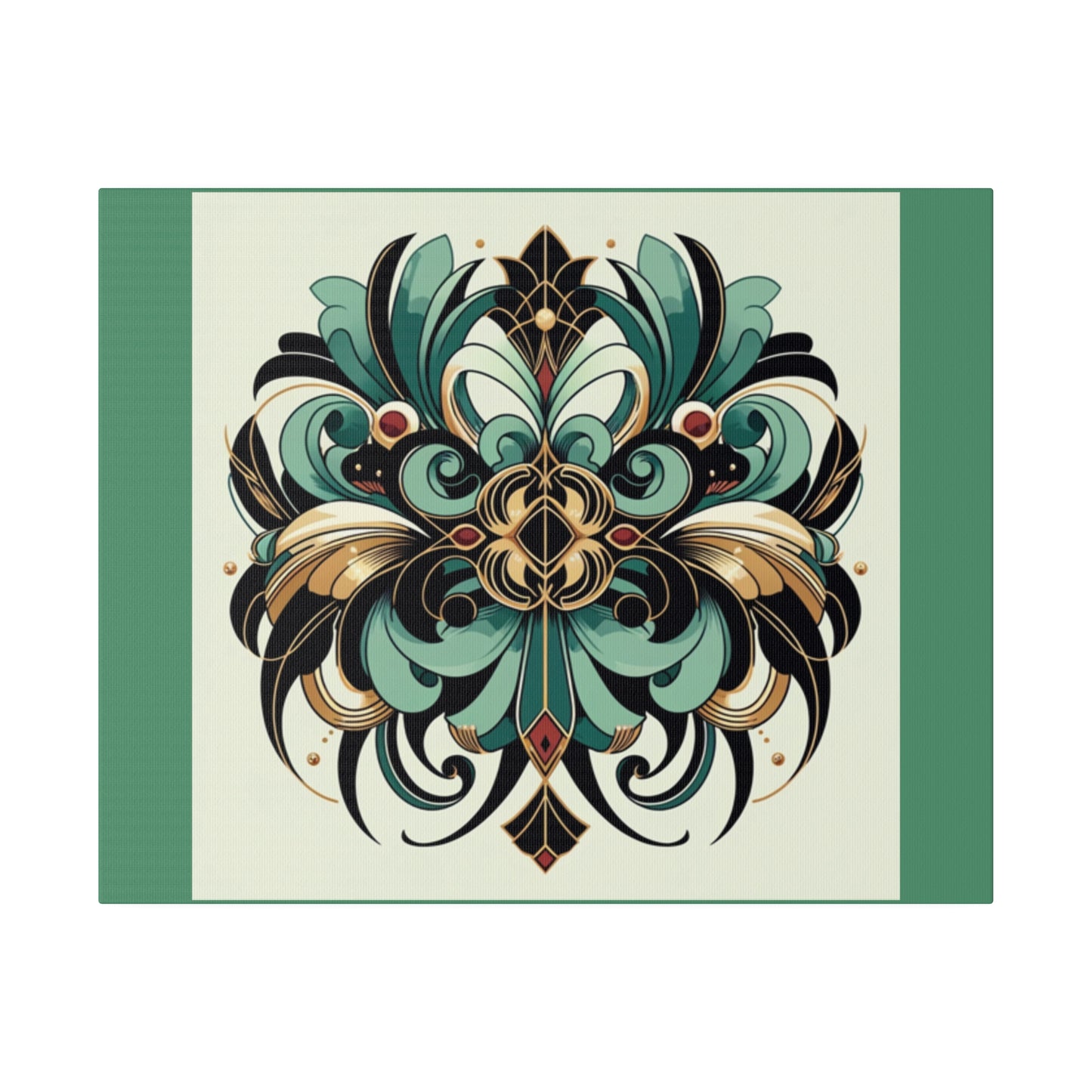 Green Black Gold Flower Art Deco Wall Art on Green Stretched Canvas